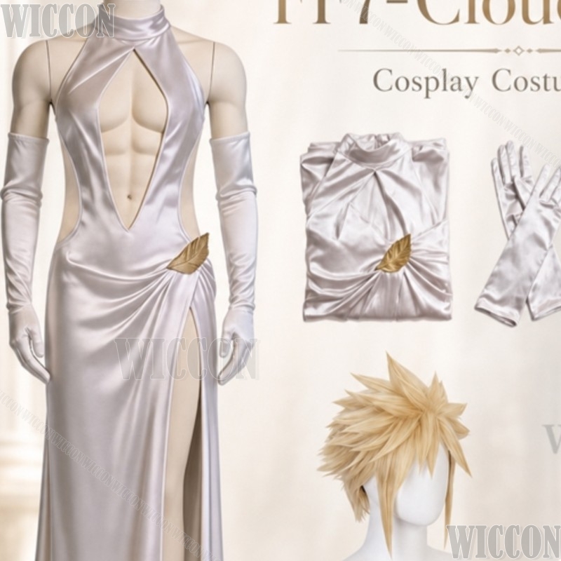Evening Gown - ชุดคอสเพลย์ FF7 ชุดแต่งงานผ่าสูงแบบคลาวด์ ชุดราตรี ถุงมือสไตล์โลลิต้าคลาสสิก พร้อมวิกผม