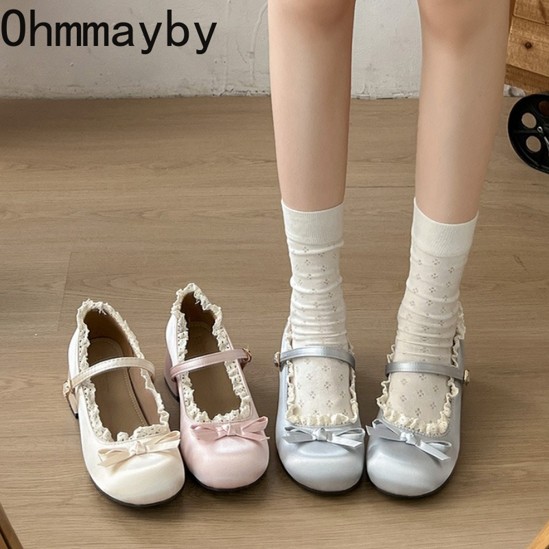 Midi Dress - รองเท้าส้นเตี้ยแบบผูกโบว์ลายลูกไม้สไตล์โลลิต้า น่ารัก เหมาะสำหรับงานปาร์ตี้ รองเท้าส้นสูงปานกลางสำหรับผู้หญิง ดีไซน์หรูหรา