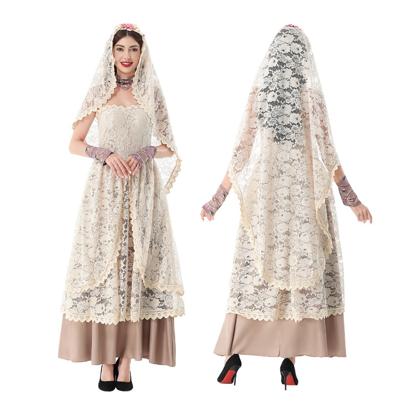 Lace Dress - ชุดเดรสยาวผ้าลูกไม้สไตล์วินเทจสำหรับผู้หญิง พร้อมผ้าคลุมหน้าลูกไม้ ดีไซน์เกาะอก ลายดอกไม้ เหมาะสำหรับงานฮาโลวีน งานแต่งงาน