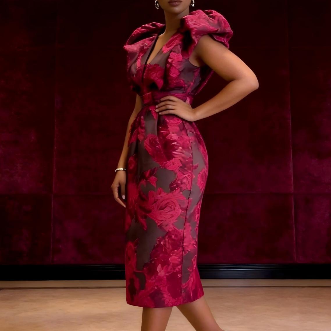 Midi Dress - QMANSHA ชุดเดรสค็อกเทลลายดอกไม้เบอร์กันดีขนาดพลัสไซส์สำหรับผู้หญิงไหล่พองคอวีคาดเข็มขัดชุดเดรสปาร์ตี้อย่างเป็นทางการแบบมิดิ