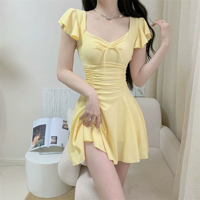 Womens Suit - ชุดว่ายน้ำผู้หญิงแบบเปิดหลัง แขนสั้น สีพื้น กระชับสัดส่วน พร้อมฟองน้ำเสริม สำหรับสปา