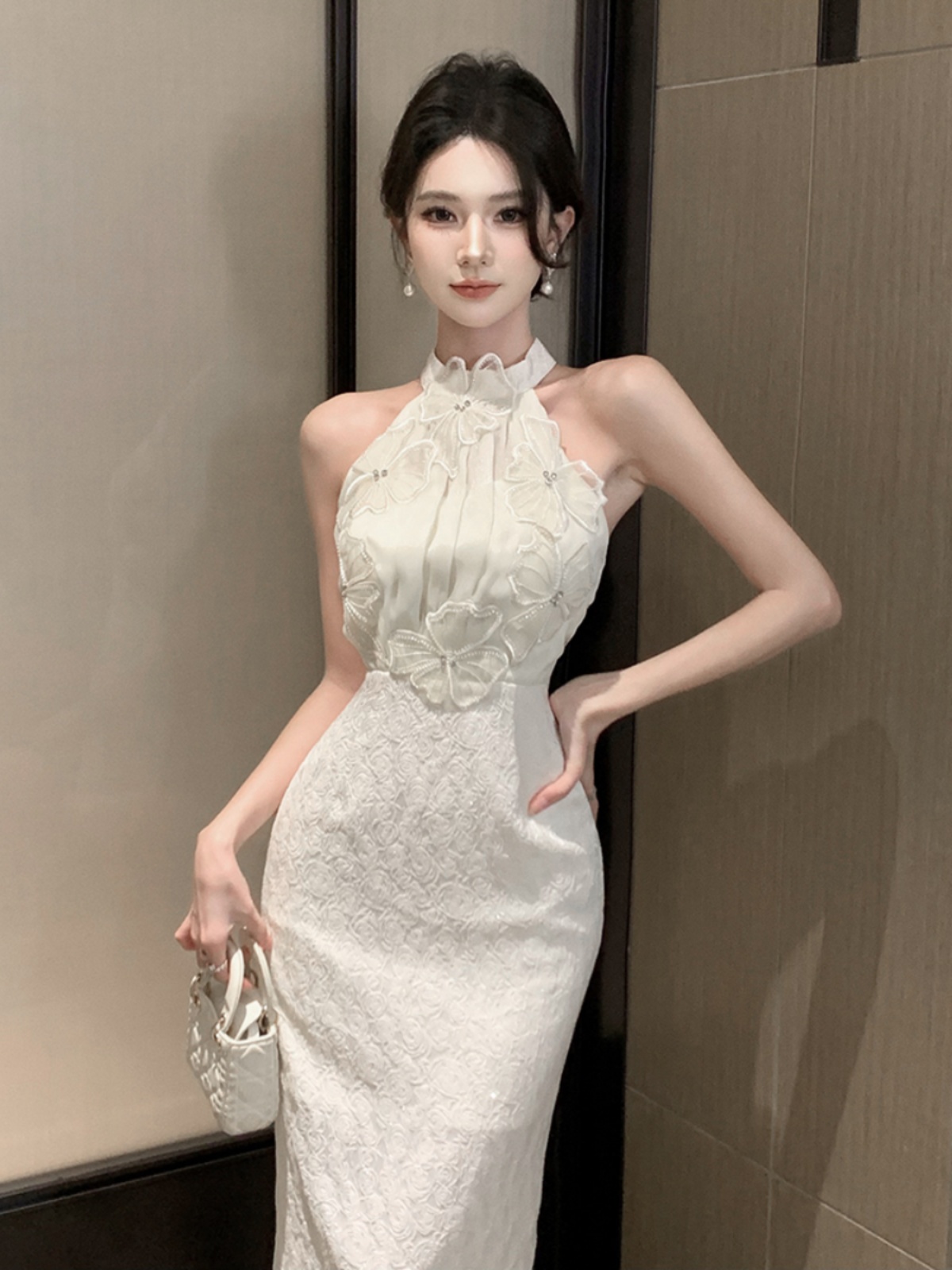 Formal Skirt - ชุดเดรสผู้หญิงคอเสื้อหรูหรา กระโปรงทรงเข้ารูป ฤดูร้อน เอวสูง ชุดยาว สไตล์หวาน