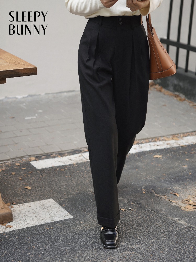 Tailored Trouser Wide - กางเกงขายาวทรงหลวมเอวสูงสำหรับผู้หญิง ผ้าคล้ายขนสัตว์ หนานุ่ม อุ่นสบาย ทรงขากว้าง ดีไซน์หรูหรา