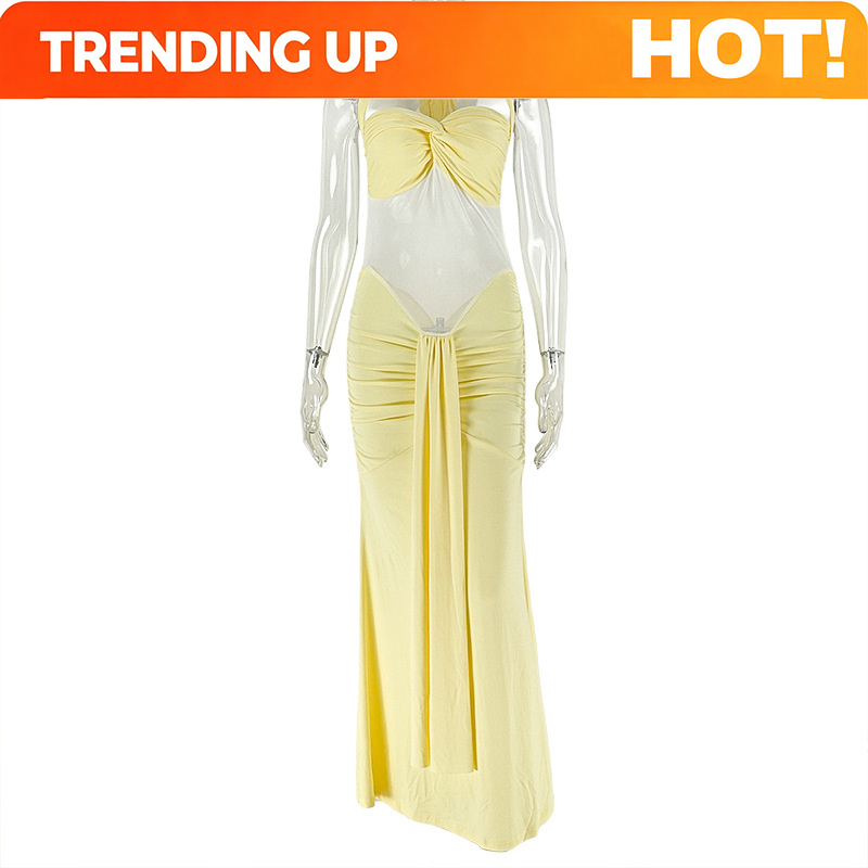 Midi Dress - เดรสทรงบอดี้คอนแบบผูกคอ เปิดหลัง ผ้ารัดรูป ทรงทูบทูบ ความยาวปานกลาง เหมาะสำหรับงานปาร์ตี้