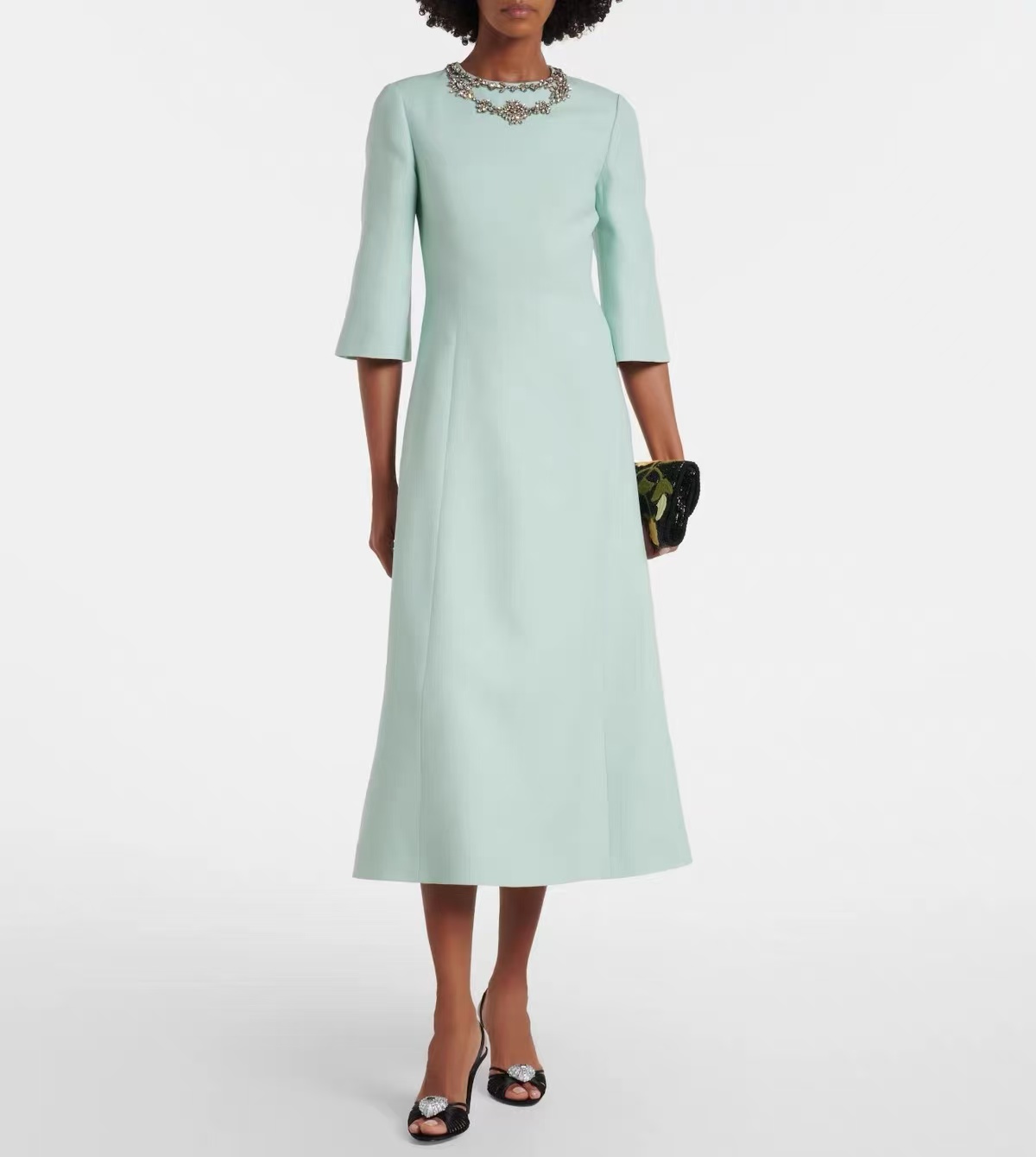 Midi Dress - ชุดเดรสยาวปานกลางสำหรับผู้หญิง ผ้าไหมผสมขนสัตว์สีเขียวมิ้นท์ คุณภาพพรีเมียม คอเสื้อประดับเพชรเทียม ชุดราตรีทางการสีดำ