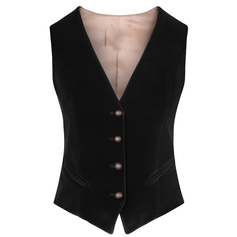 Womens Blazer - เสื้อกั๊กกำมะหยี่ผู้หญิง คอวี 4 กระดุม ทรงเข้ารูป สไตล์ธุรกิจ