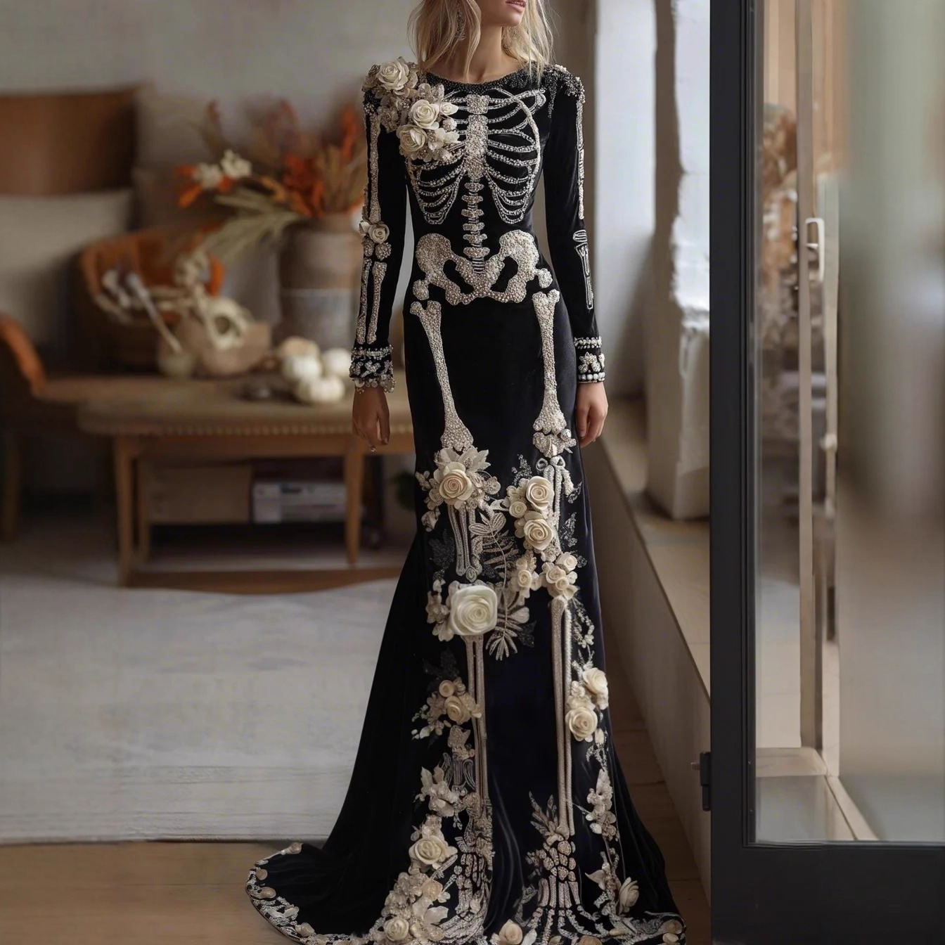 Evening Gown - ชุดเดรสยาวแม็กซี่ลายดอกไม้โครงกระดูกสไตล์นางเงือกสำหรับผู้หญิงรุ่นใหม่ปี 2026 ชุดราตรีแขนยาวสไตล์โกธิคหรูหราสำหรับงานปาร์ตี้ฮาโลวีน