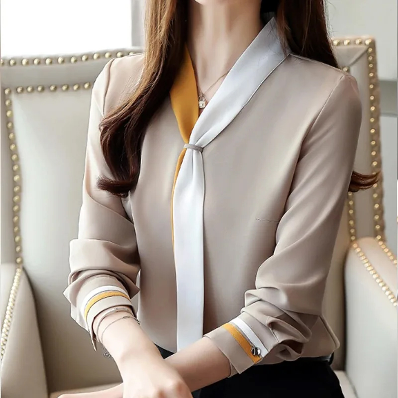 Silk Blouse - เสื้อเชิ้ตทำงานคอวีแขนยาวลำลองเสื้อเชิ๊ตสตรีผ้าชีฟองเสื้อยืดผู้หญิงพื้นหรูหราสำหรับฤดูใบไม้ร่วงเสื้อผ้าผู้หญิงวินเทจ7188