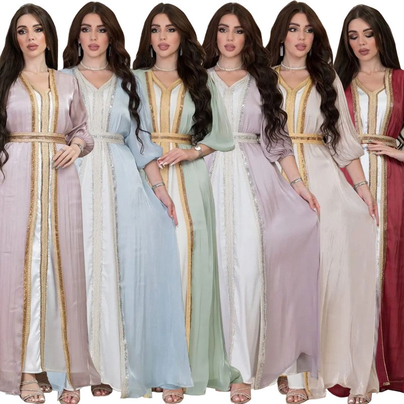 Evening Gown - ชุดเดรสเลื่อมสีลาเวนเดอร์ คอวี แขนพอง ผ้าซาติน คาดเข็มขัด ยาวถึงพื้น