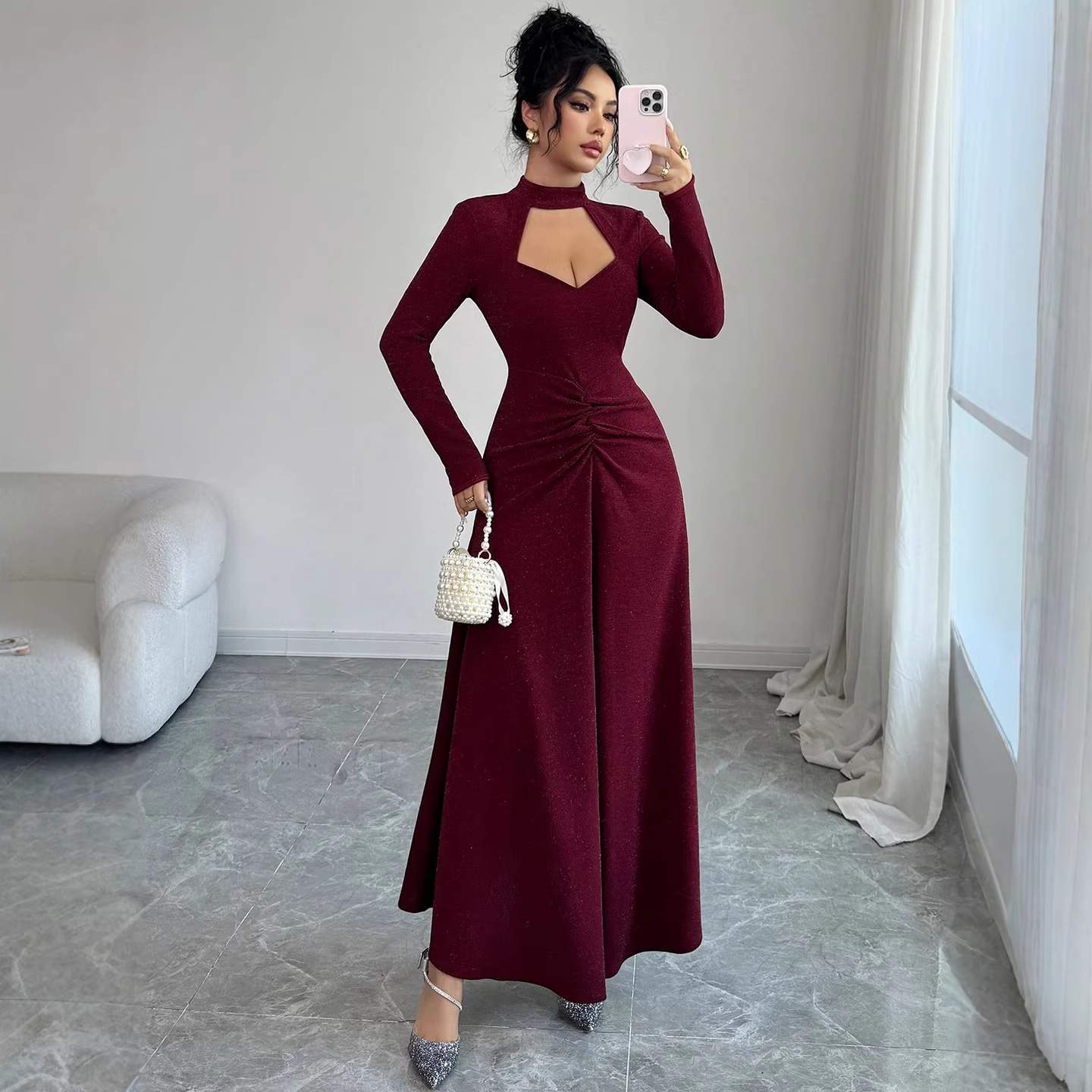 เดรสทรงเข้ารูปสีพื้นแบบมีจีบ ร - Midi Dress บทวิจารณ์และราคา
