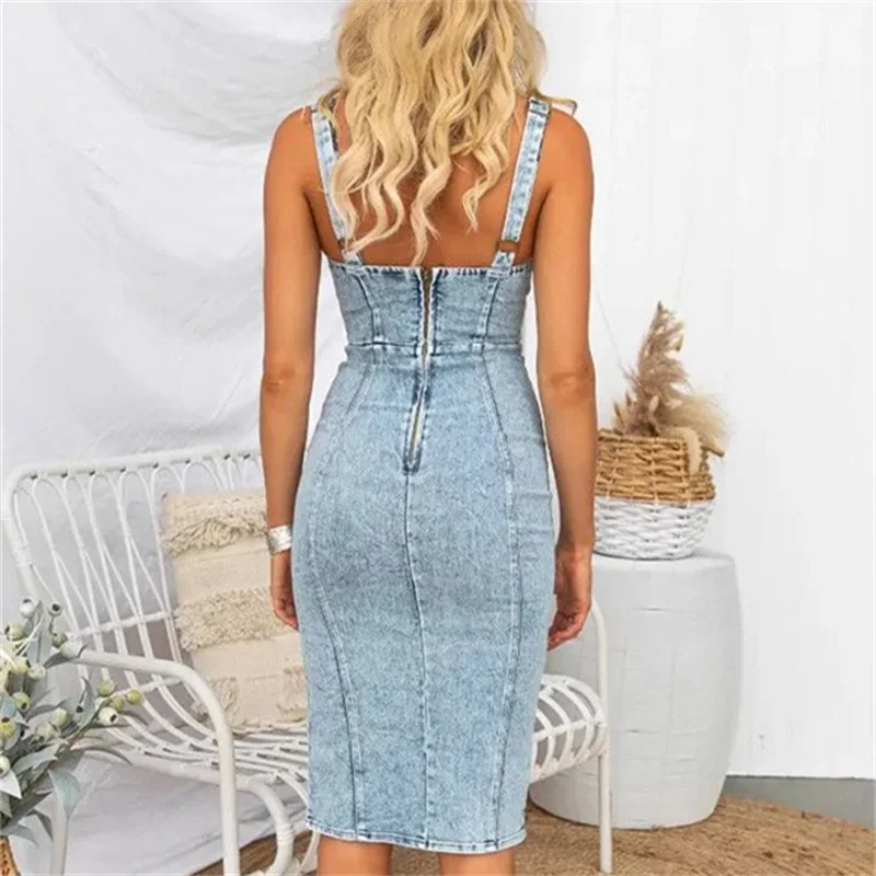 เดรสยีนส์ทรงสลิมฟิตสไตล์วินเทจ - Midi Dress บทวิจารณ์และราคา